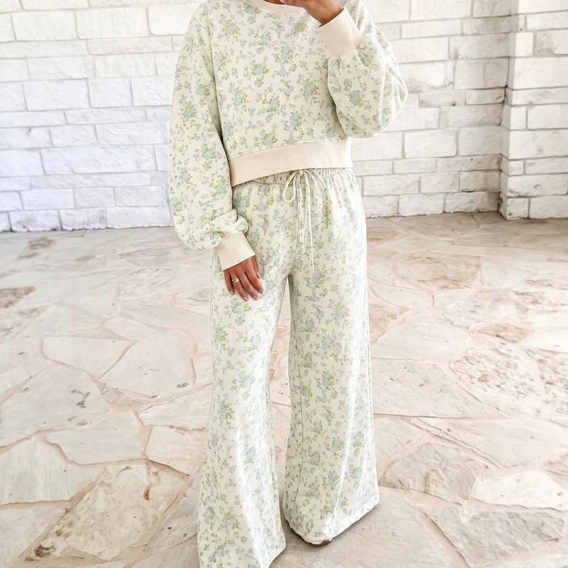 Womens Floral Print Casual 2-Piece Set With Drawstring Waist Long Sleeve Top Straight Leg Pants Loose Fit Winter