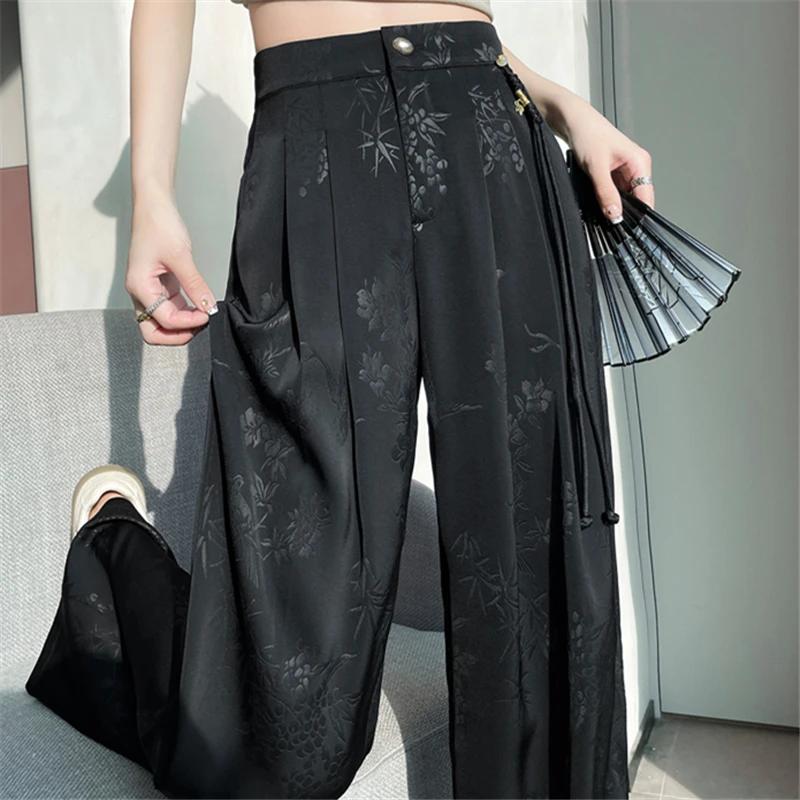 Chinese Style Jacquard Wide Leg Satin Pants for Ladies Luxury Solid Office Lady Ladies's Daily Loose Pants Female