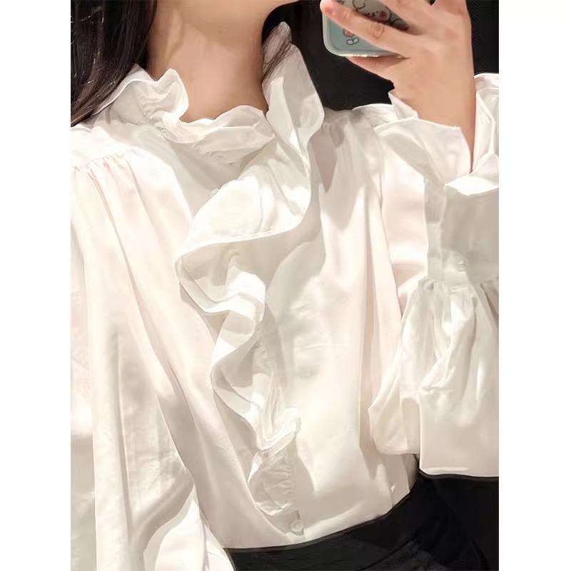 French White Ruffle Blouse Women Long Sleeve Asymmetrical Stand Collar Chic Shirt Retro Pleated Office Commuter Soft Sweet Tops