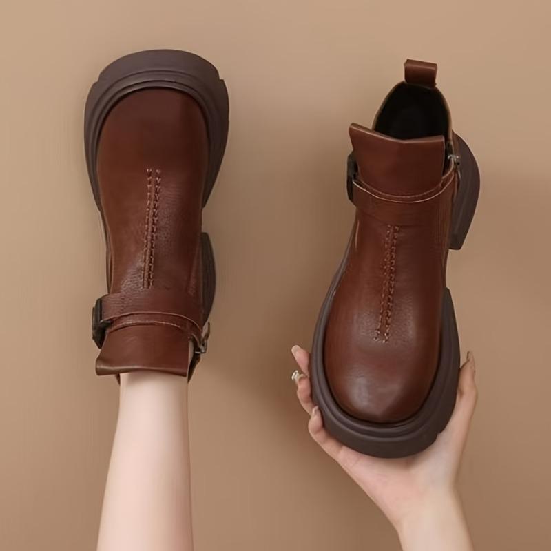 New Retro Boots For Women Autumn Winter Women'S Shoes Leather Casual Flat Ankle Boots Female Platform Short Boots