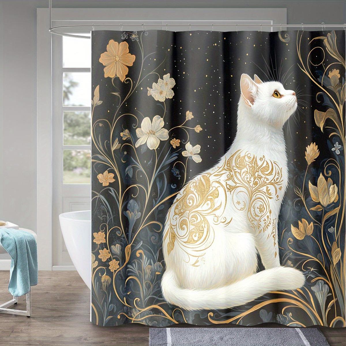 1 Elegant white cat and floral digital print shower curtain, machine washable, black background with gold and cream accents 90X180cm