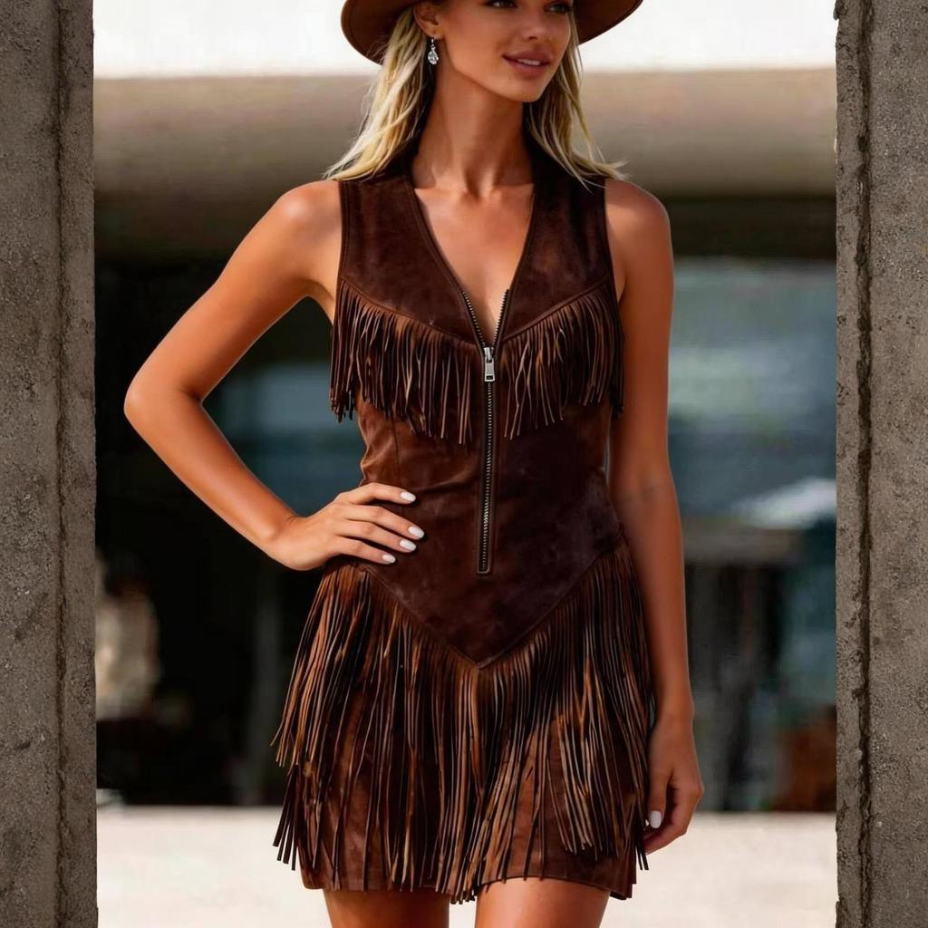 Sleeveless V Neck Zipper Dress for Women Western Style Look Mini Dress Summer Dresses for Women Uk Ladies Summer Dresses Uk