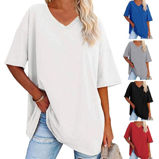 Tričko s výstřihem do V, krátký rukáv, prodyšné, dámské, jednobarevný, volný svetr, streetwear