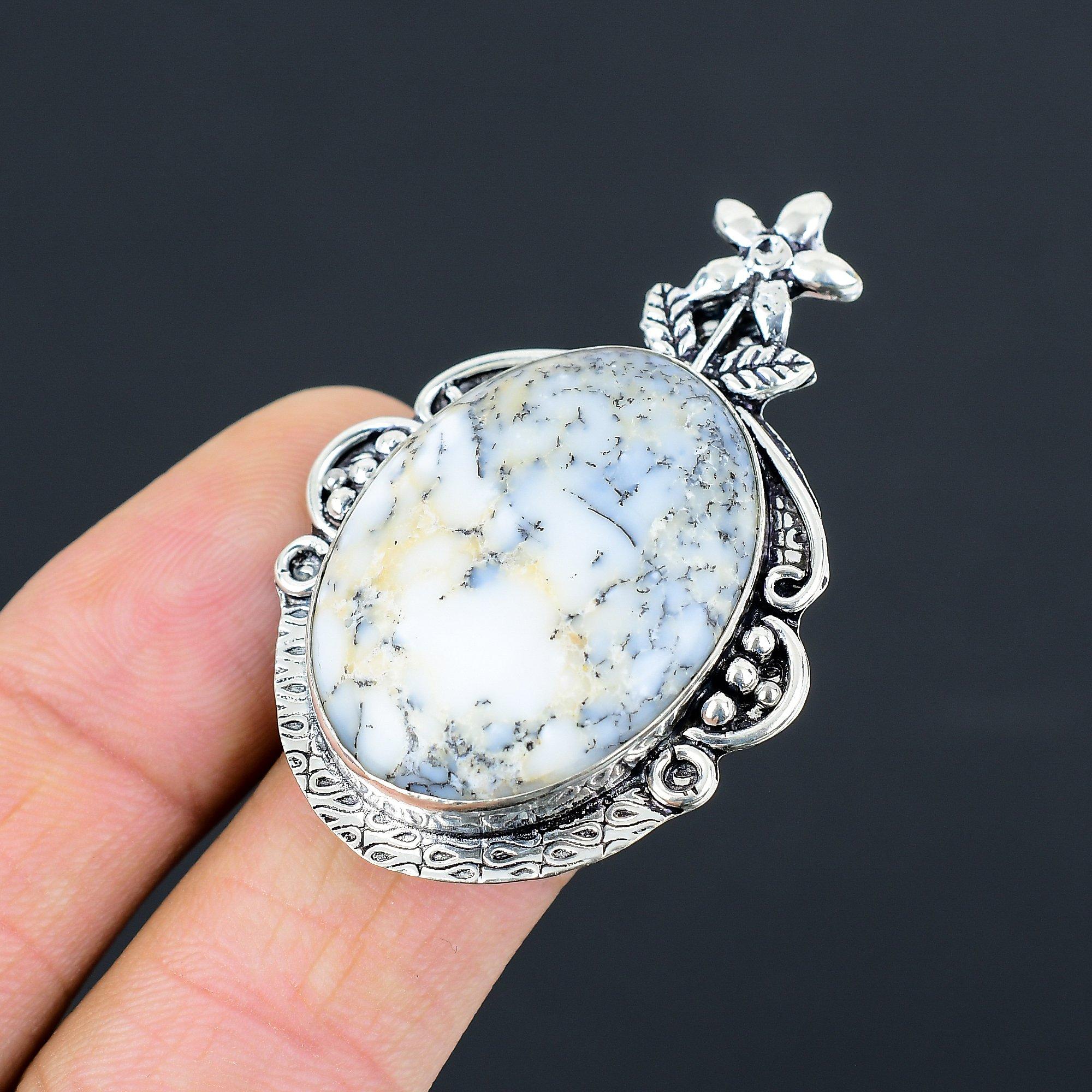 925 Sterling Silver Natural Dendrite Opal Solitaire Flower Ring Jewelry US 7.5 7.5