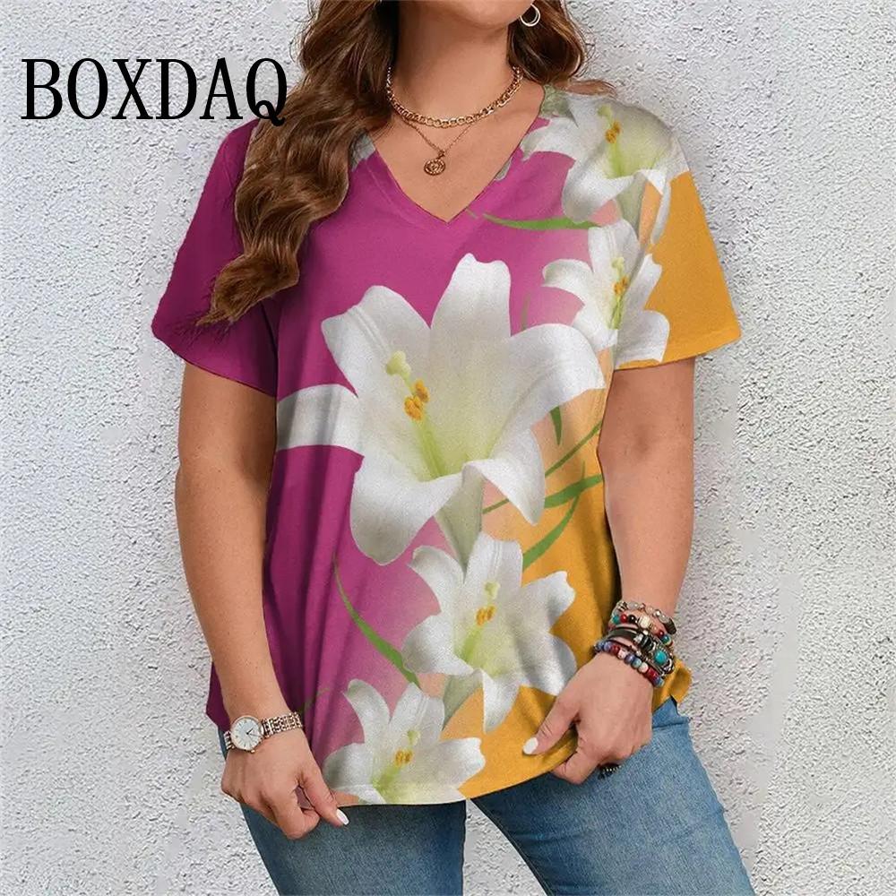 

Women s colorful flower 3D printed short sleeved summer retro V-neck 6XL