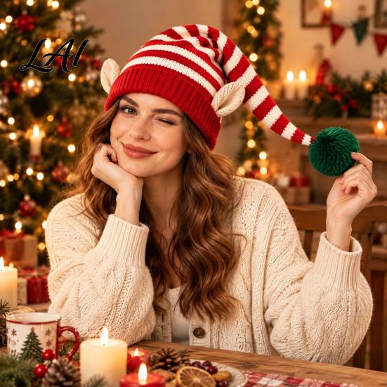 Comfortable Elastic Hat Christmas Elf Knitted Hat Ears And Fluffy Fur Ball Decor Soft Funny Cosplay Headwear Acrylic Striped Cap for Winter Festive