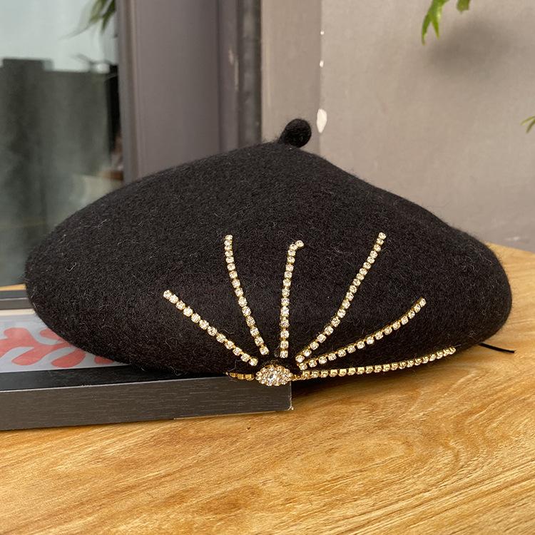Winter French Black Fleece Painter Artist Cheapeau Red 100% Wool Chunky Blingbling Diamonds Beret Girls Hat for Women