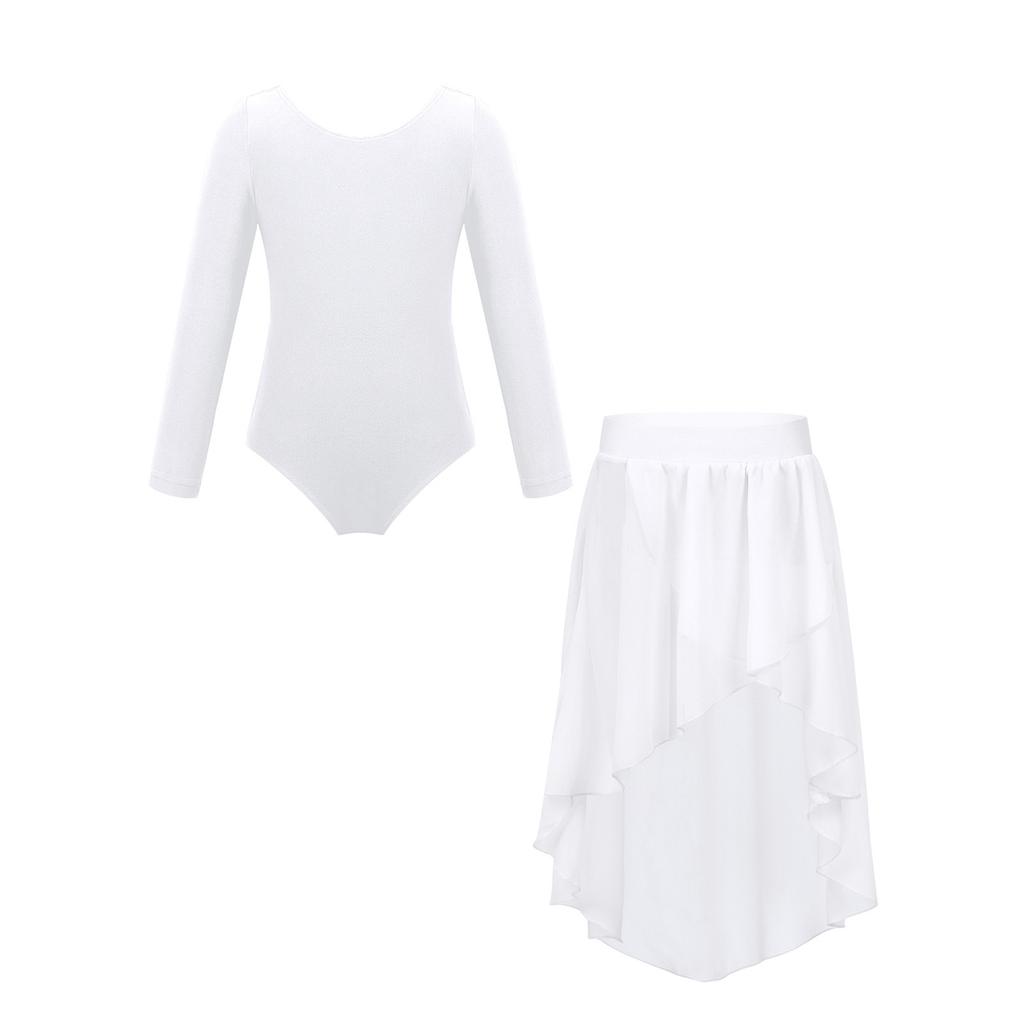 Girls Ballet Dance Practice Performance Long Sleeve Leotard High Low Elastic Waistband Chiffon Skirt Outfit