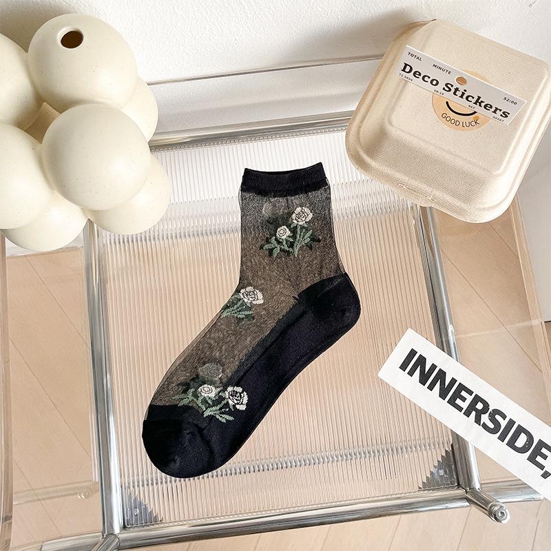 Women's Summer Silk Floral Mid-Calf Socks - Breathable, Sweat-Absorbing Cotton Bottom