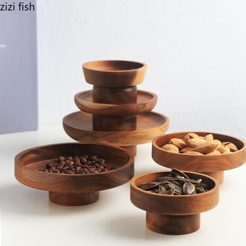High Footed Dessert Plate Cake Stand Wooden Snack Plate Dim Sum Dish Fruit Bowl Dried Fruit Plates Candy Tray Bread Plates