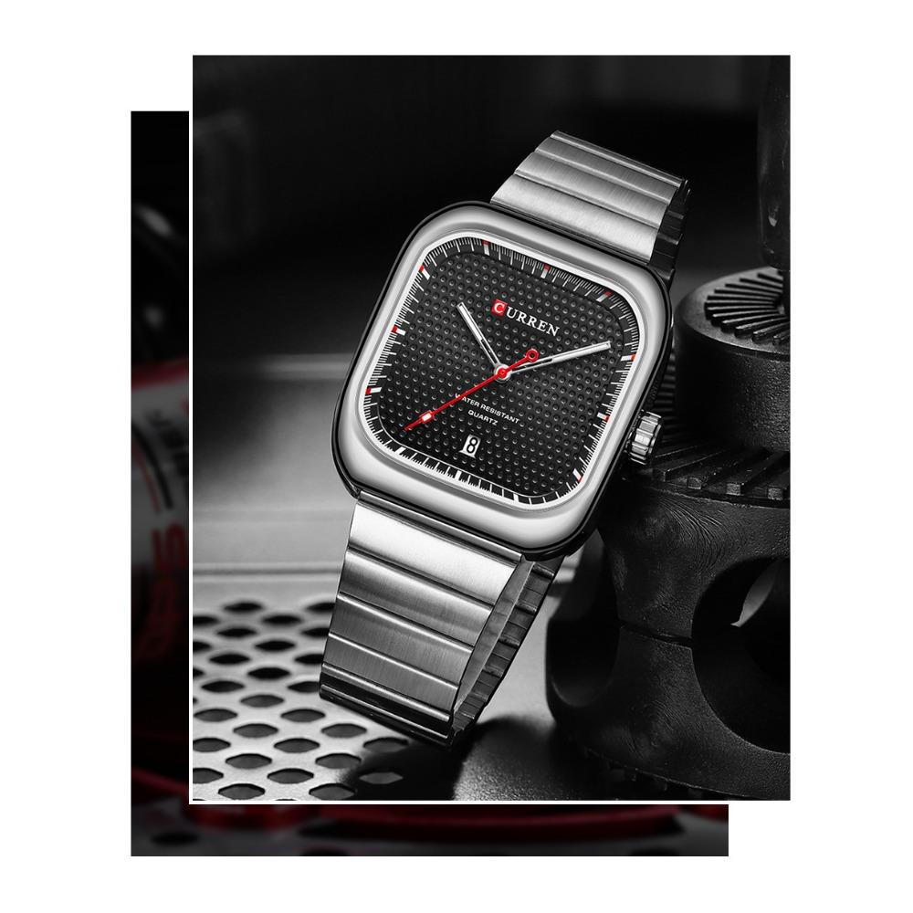 CURREN Simple Business Square Quartz Watches Casual Stainless Steel Bracelet Wristwatch with Auto Date for Men