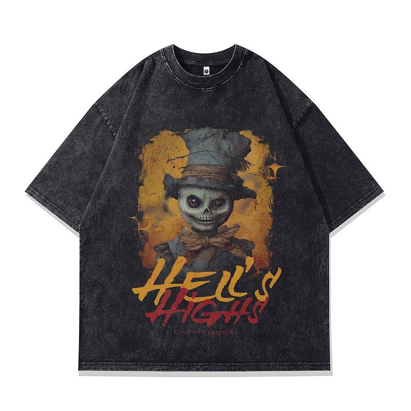 Large Version Men'S T-Shirt Heavy Washed Skull Print Beauty Trendy Retro Short-Sleeved T-Shirt Men