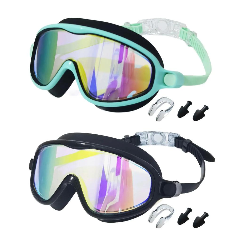 2 Pack Anti-Fog Anti-UV Swimming Goggles HD Diving Goggles with Earplugs Anti Choking Women Men Large Frame Silicone Swim Ggles