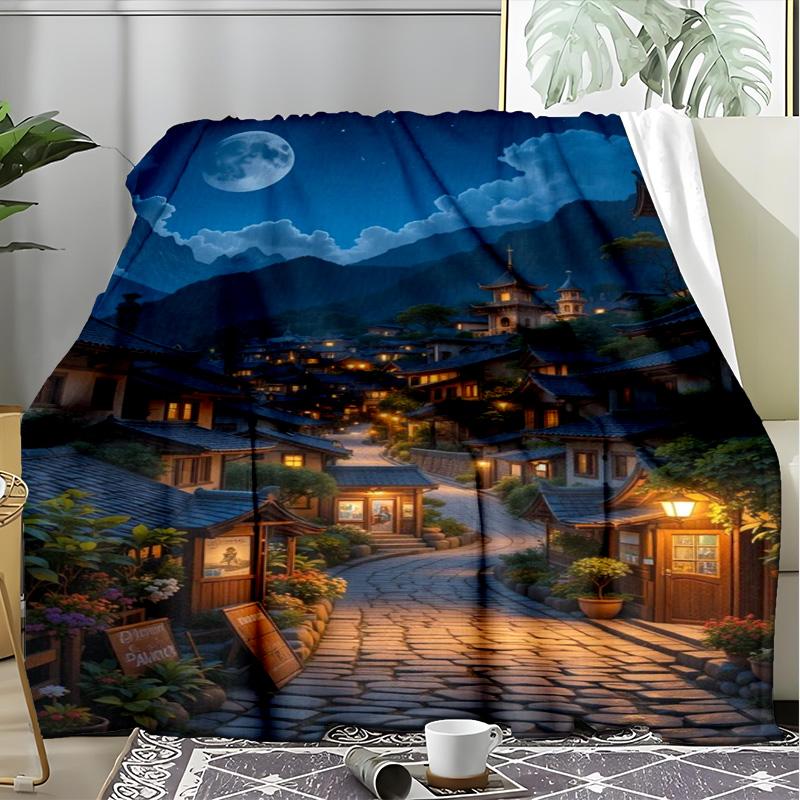 Japanese Ancient Street Night Scenery Fleece Printed Flannel Blanket, Warm Soft Throw Sofa Bed Blanket