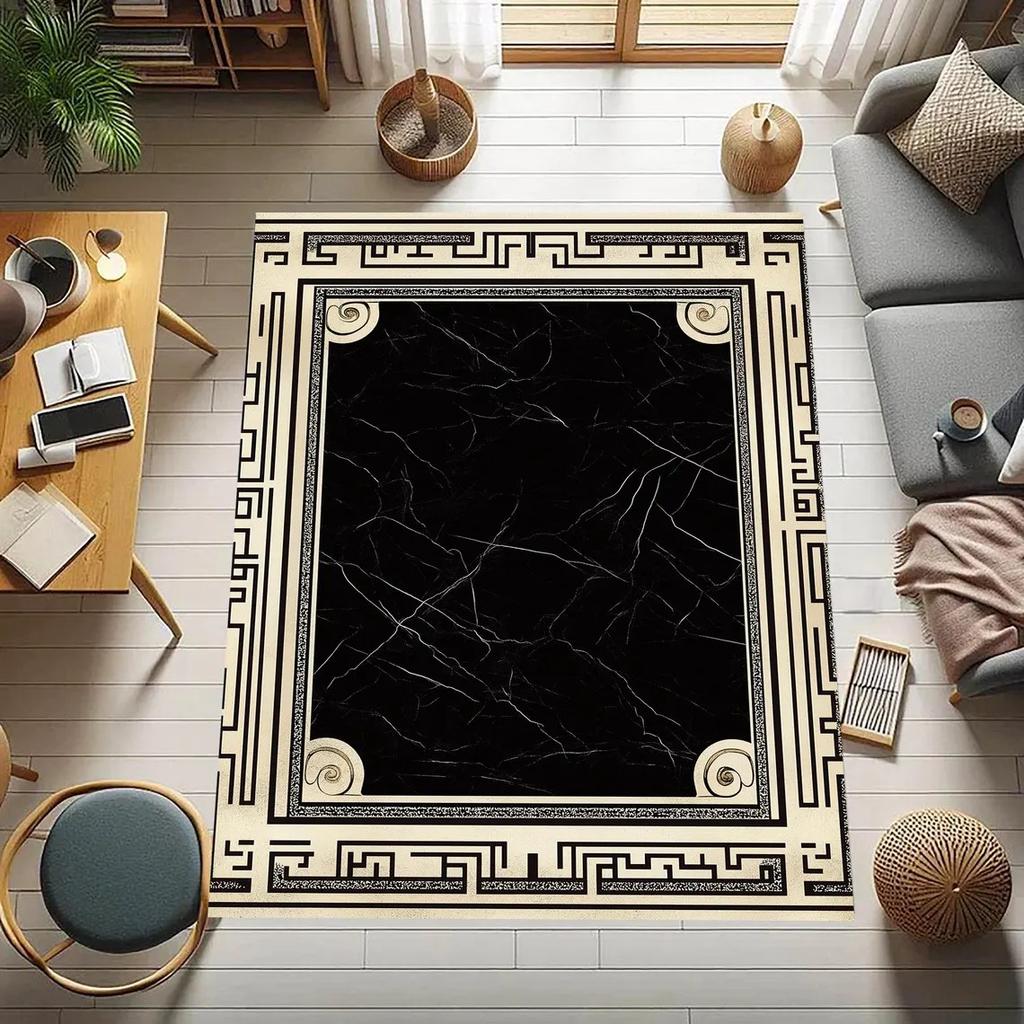 Black Gold Marble Area Rug – Greek Key Border Print Carpet  Soft Non-Slip Floor Mat for Living Room Bedroom Elegant Modern Decor