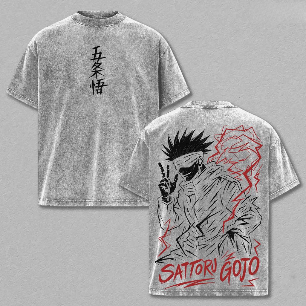 Jujutsu Kaisen Gojo Satoru Anime T-shirt Harajuku Vintage Washed Oversized T Shirt Summer Short Sleeve Pure Cotton Tees Tops