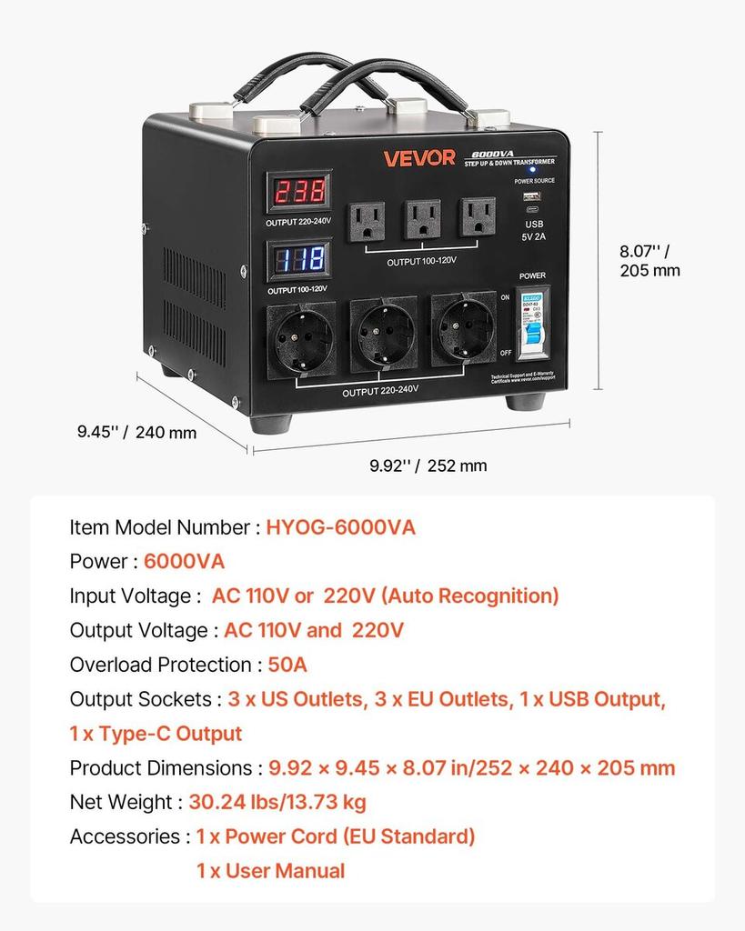 Spanning Automatische Converter Transformator, 6000VA, Heavy Duty Stap Omhoog/Omlaag Stroomtransformator, 110V naar 220V en 220V naar 110V, met 3 Amerikaanse Stopcontacten, 3 EU Stopcontacten,