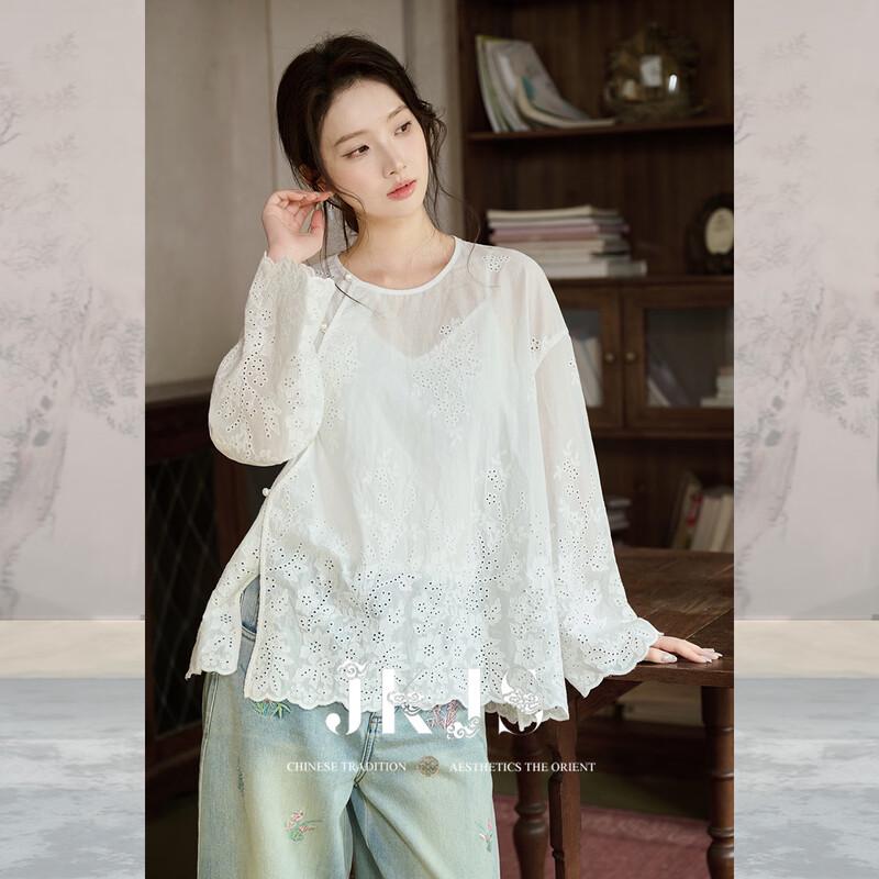 JKJS  Flower Shadow  New Chinese Style Hollow Embroidered Cotton Shirt S