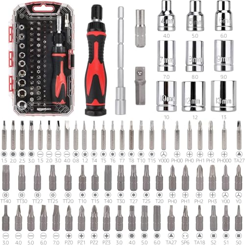 Amazon Basics Magnetic Ratchet Wrench and Screwdriver Set, 73 Pieces, Red, Black