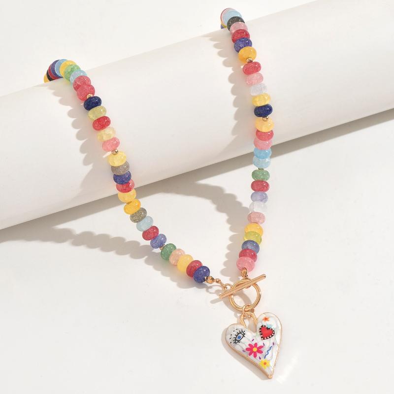 Dopamin Bunte Glas Herzförmige Perlen Anhänger Halskette Charm Damen Mädchen Femme Tägliche Kette Schmuck Zubehör Geschenke