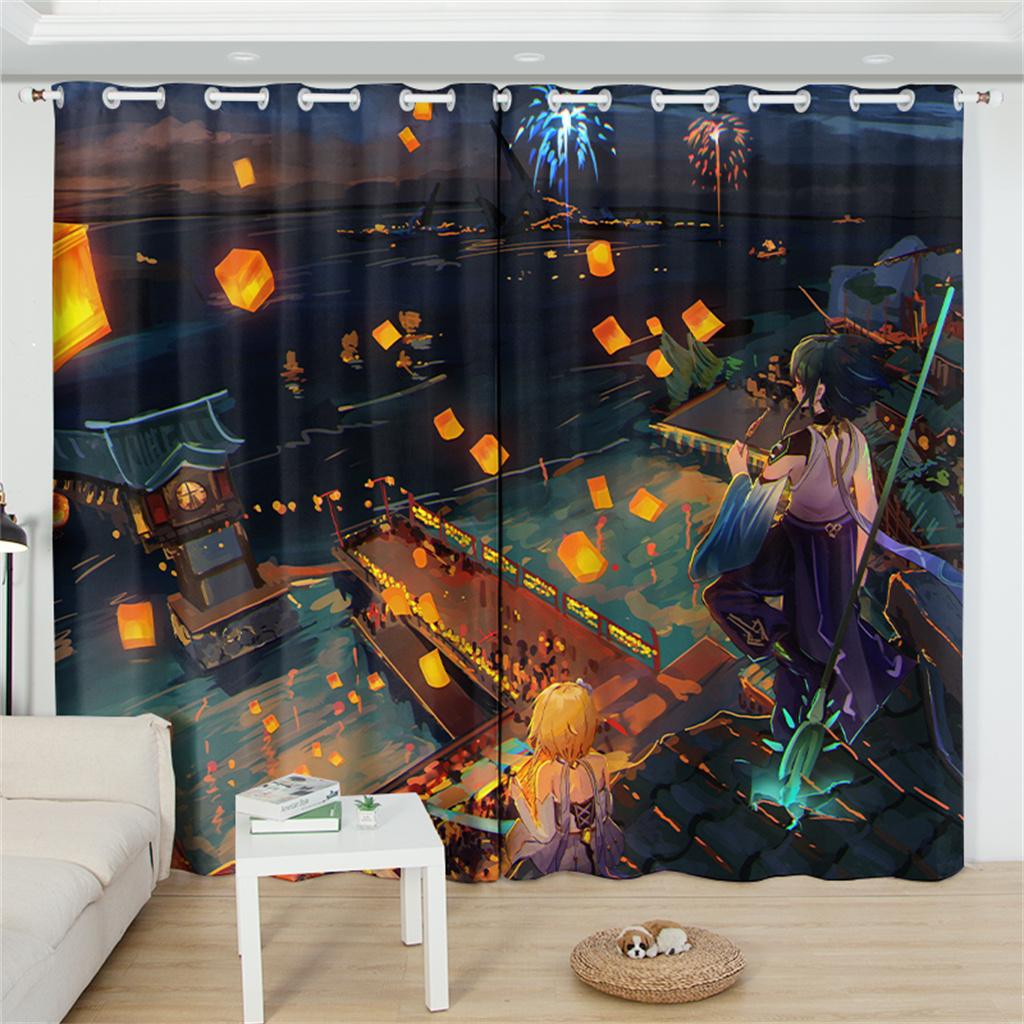 Kazuha Genshin Impact Solskyddsgardiner 2 Paneler Anime Tryck Fönsterdraperier För Vardagsrum Sovrum Tecknad Heminredning Gardiner