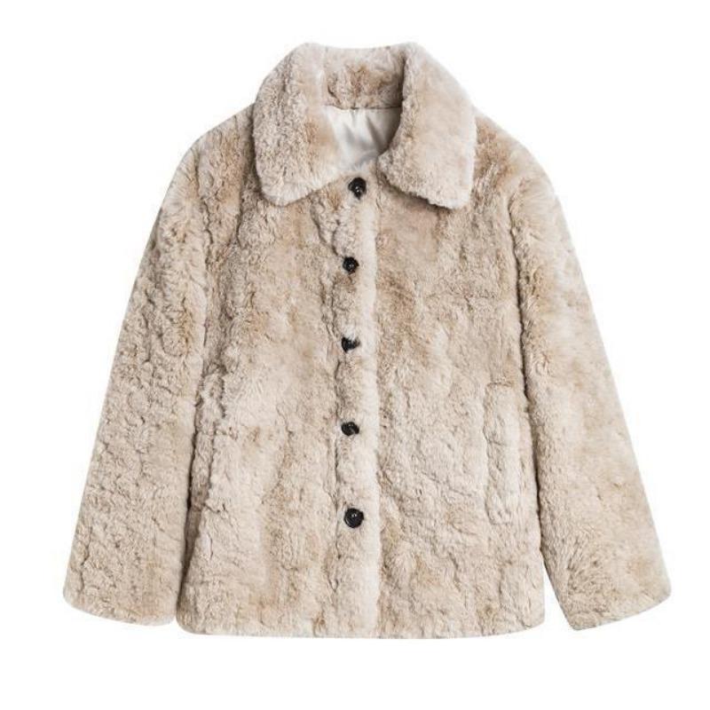 

Плюшевая куртка женская короткая осенне-зимняя из искусственного меха свободная с лацканами утолщенная теплая куртка из овечьей шерсти L size 125-72.5 kg абрикосовый