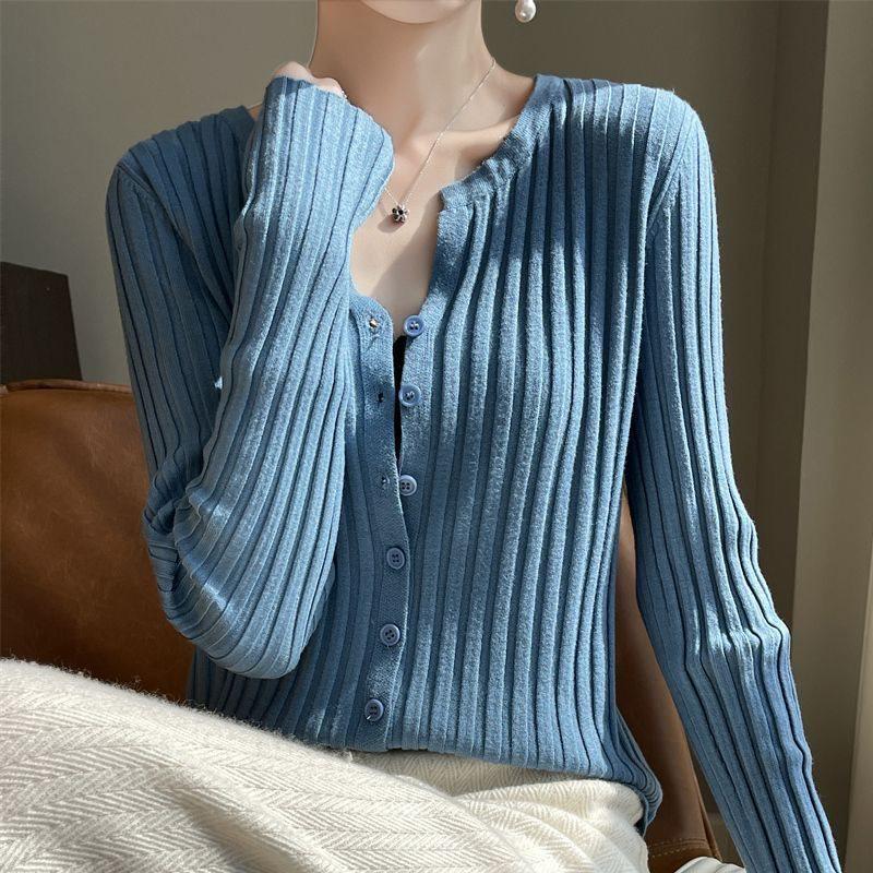

Women s Ribbed Knit Cardigan: Short, Loose Fit, Long Sleeve, Round Neck for Autumn 2XL 65-72.5kg