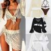 2025 European & American Solid Color Mesh Long Sleeve Beach Bikini Cover-up Women's Four-Piece Swimsuit Set