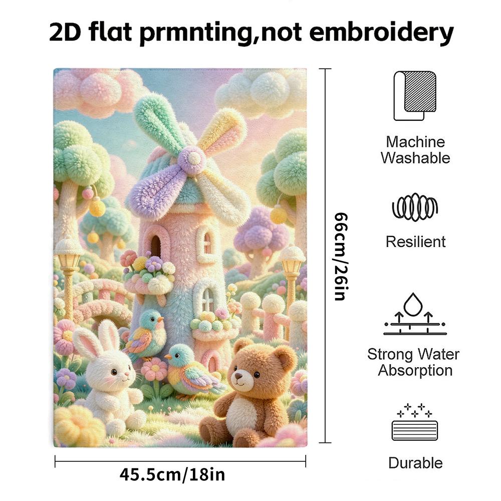 Pastel Fuzzy Windmill Garden Towel, Soft Absorbent Bath Towel, Bunny Bear Bird Floral Print, Quick Dry Decor Hand Towel
