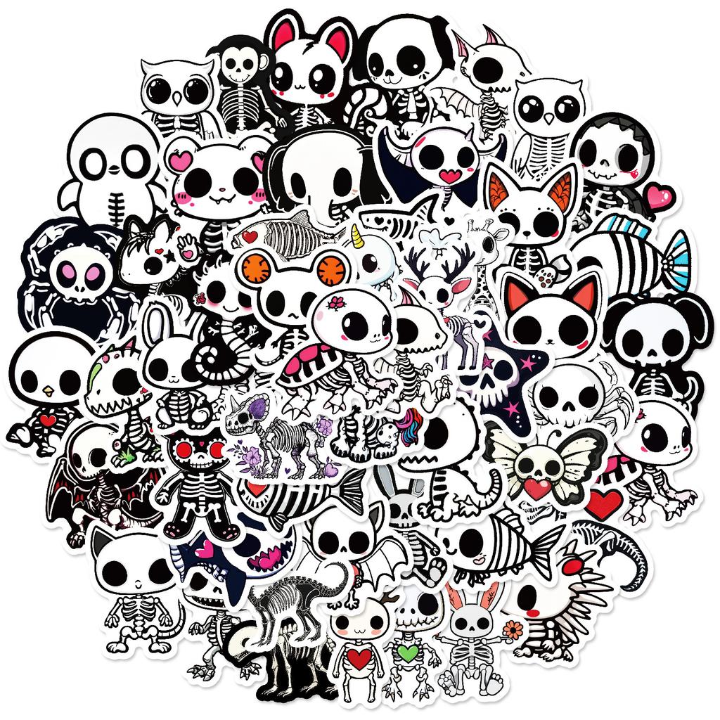50PCS Cartoon Skeleton Animal Stickers, Cute Skull Decals for Notebook Journal DIY, Waterproof Decoration