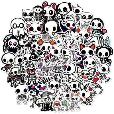 50 STKS Cartoon Skelet Dier Stickers, Leuke Schedel Decals voor Notitieboek Journal DIY, Waterdichte Decoratie