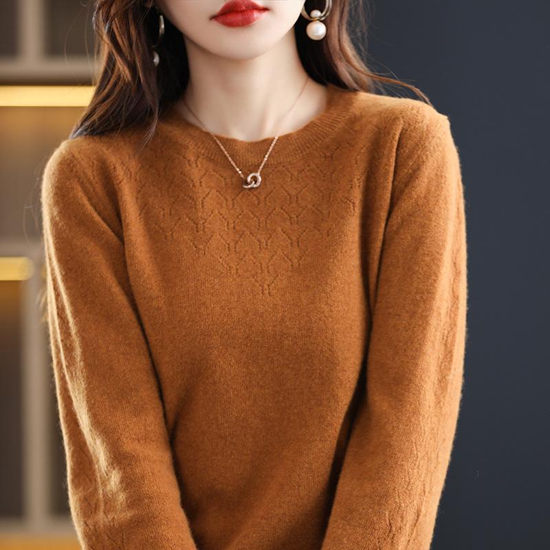 Women's Pure Wool Hollow Knit Round Neck Sweater - Stylish Autumn & Winter Pullover