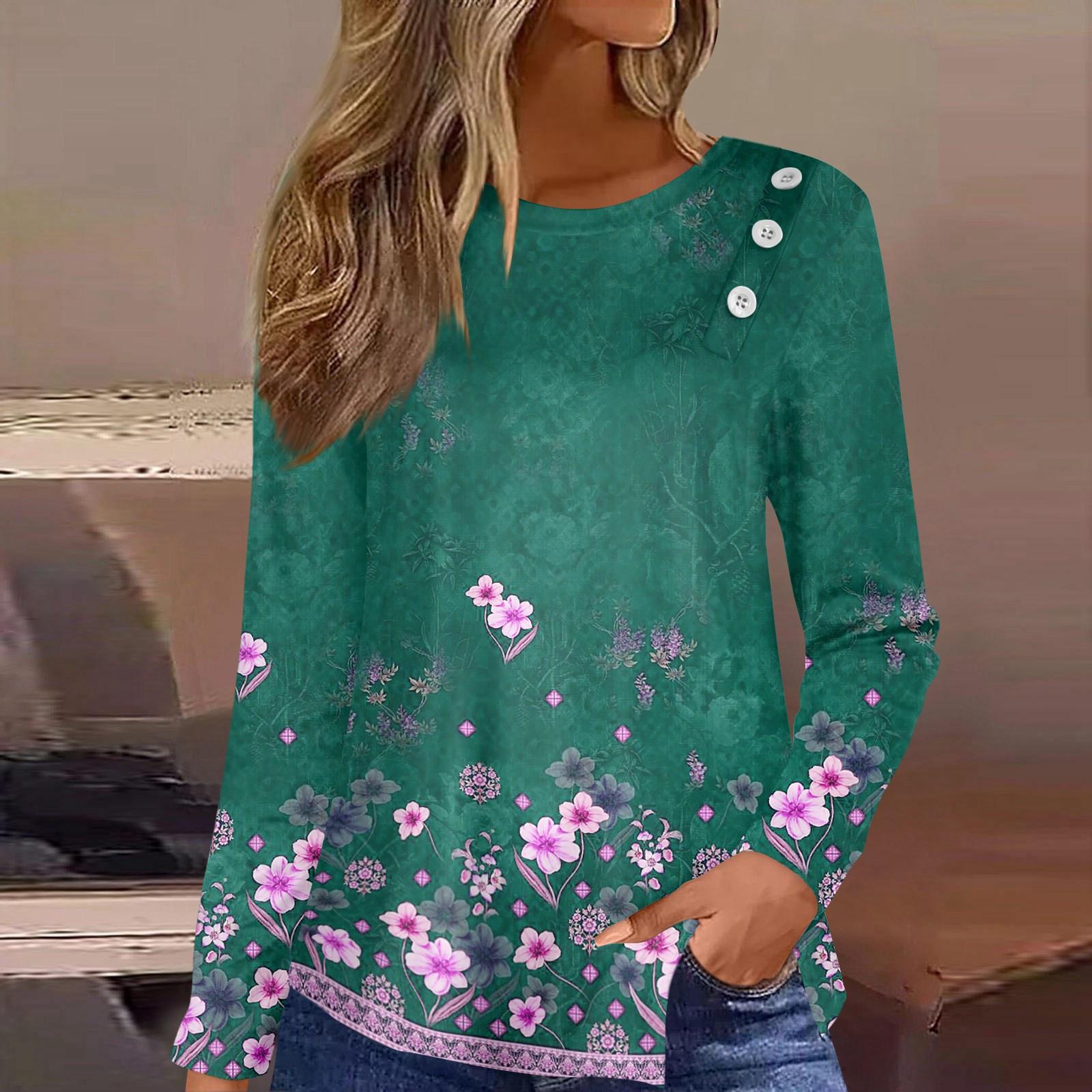 

Футболка с пышным подолом на пуговицах, повседневный топ с длинным рукавом и круглым вырезом с цветочным принтом, женская одежда XXL