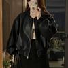 Large Size Retro Casual Long Sleeve Leather Jacket Women's Spring Black Motorcycle Jacket Fat Cover Flesh Skinny Top