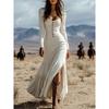 2026 New Women's Vintage Western Style Long Dress with Buttons, Ruched Long Sleeves, Sexy Dress