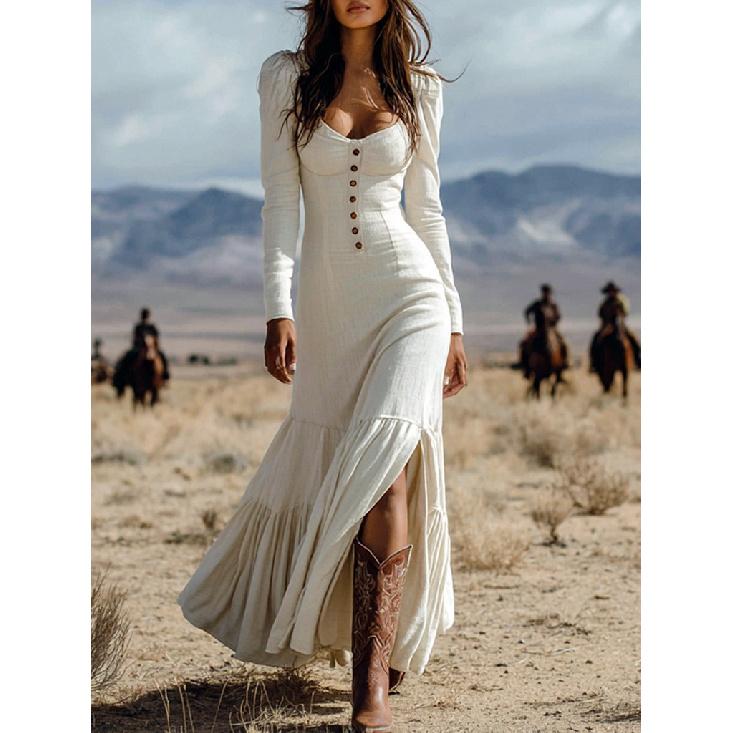 2026 New Women s Vintage Western Style Long Dress with Buttons, Ruched Long Sleeves, Sexy Dress S белый