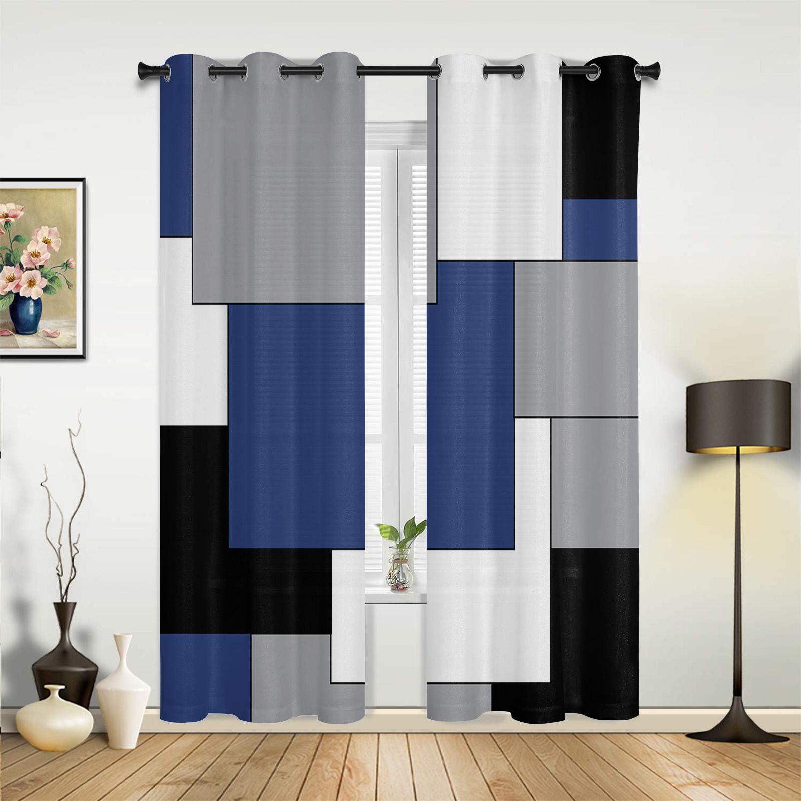 Marineblau Schwarz Grau Patchwork Abstrakte Kunst Vorhänge für Schlafzimmer Wohnzimmer Vorhänge Küche Kinderzimmer Fenstervorhang Heimdekor 135W x 60H(cm) x1
