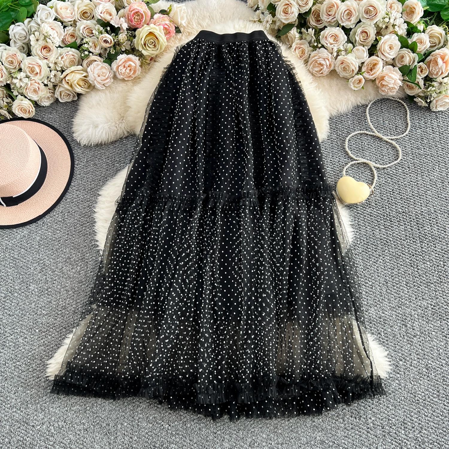 

Летняя женская элегантная юбка макси с оборками из сетки и тюля в горошек One Size