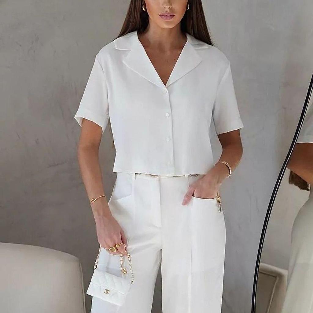 2024 Sommer Einfarbig Schlankmachendes Hemd & Hochtaillierte Anzughose Set