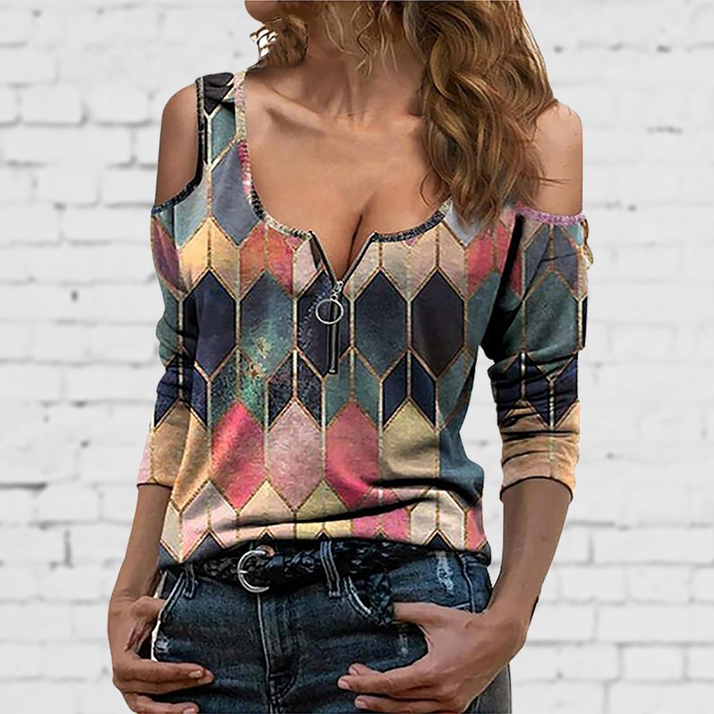 Fashion Women Lapel Geometric Print Zipper Long Sleeve Casual Blouse T-shirt Top