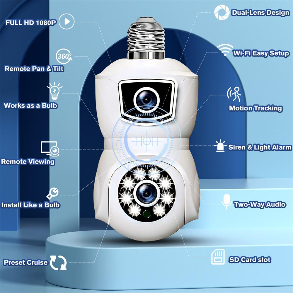 E9 Bulb Dual Lens Camera Full HD 1080p Indoor Night Vision Wireless Smart Camera with 4Led Light Wifi Bulb Dome Socket Network C
