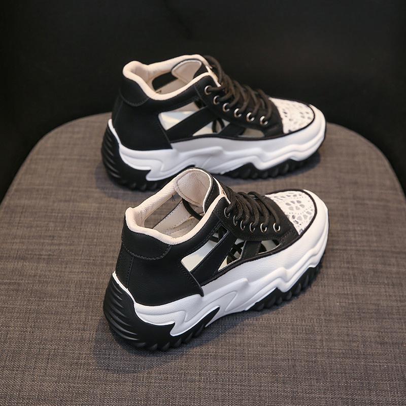 

Жіночі шкіряні дихаючі кросівки на платформі, літні нековзкі порожнисті босоніжки на шнурівці, кросівки для водіння на відкритому повітрі. 40 чорний