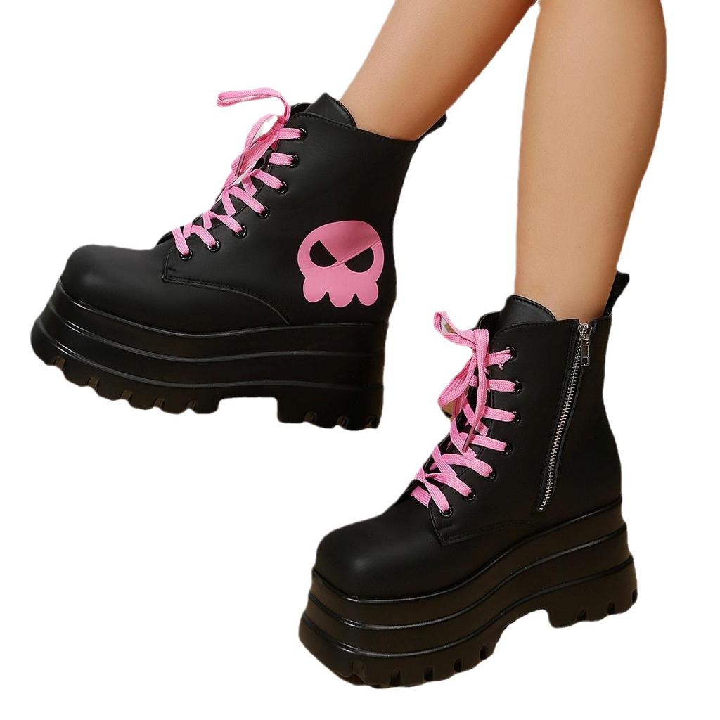 Fashion Black Pink Lace-up Combat Women Boots 6Cm Chunky Heel Platform Women Boots British Style Thick Sole Increase Height Casual Boots