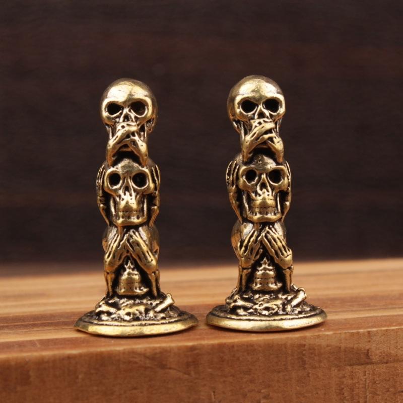 1Pc Brass Three Layers Skull Heads Small Statue Desktop Decorations Vintage Punk Miniatures Figurines Home Decors Ornaments