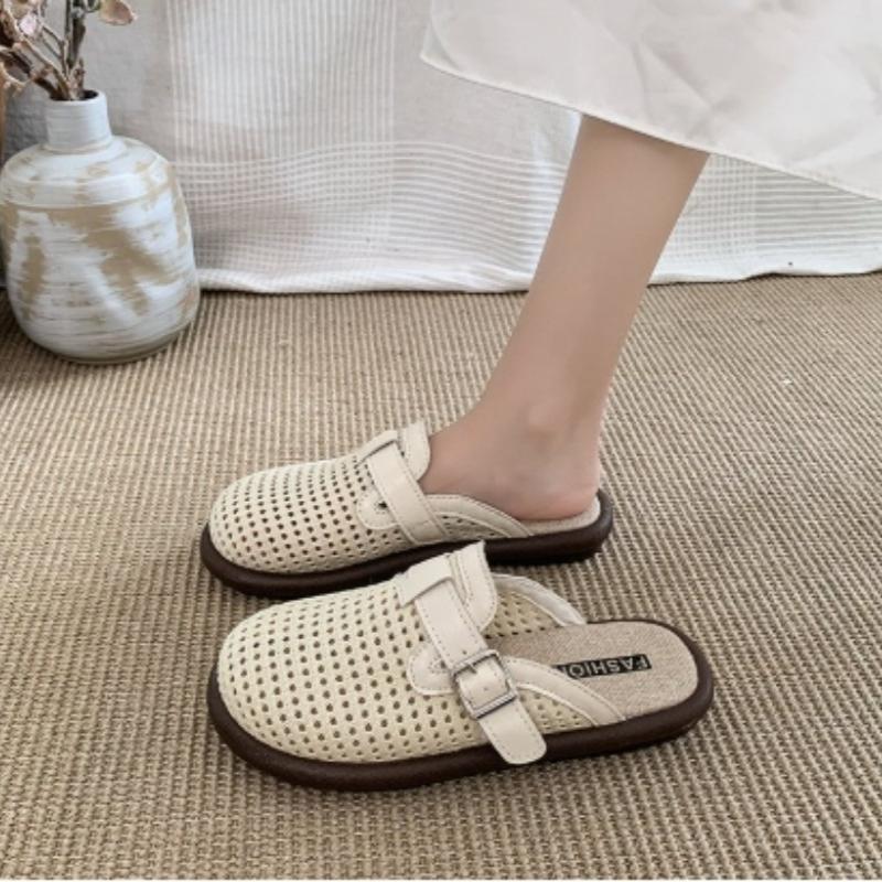 Fashion Flat Half Slippers Genuine Leather 2025 Summer Soft-soled Casual Women's Sandals Large Hollow Out Female Slides Buckle
