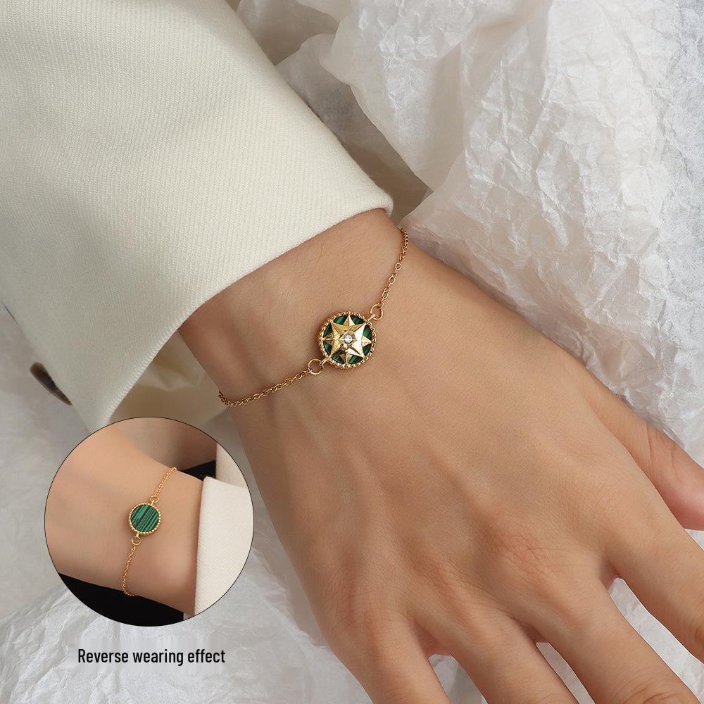 French Cubic Zirconia Round Pendant Necklace & Bracelet Set for Women, Gold-Plated Titanium Steel with Emerald Acrylic