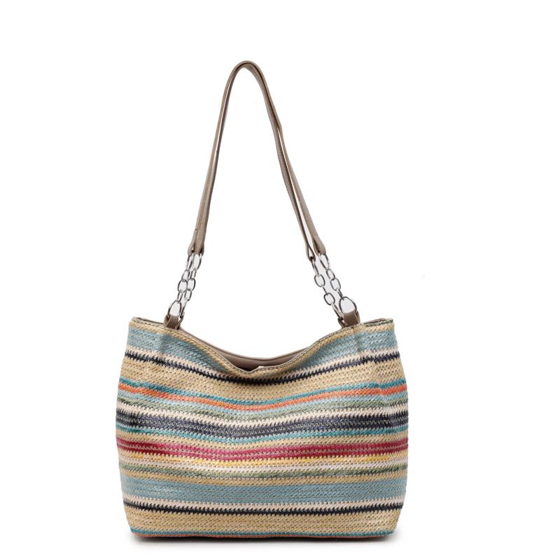 Seaside Holiday Beach Bag Women's Large Capacity Striped Straw Tote Bag