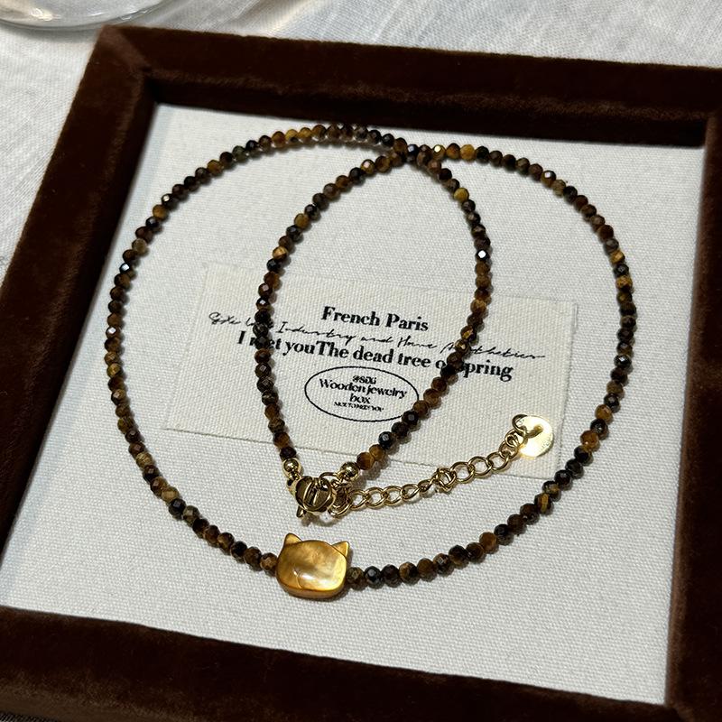 Maillard Small Granular Tiger S Eye Stone Mocha Gold Brown Shell Cat Necklace Women S Faceted Tiger S Eye Stone Autumn And Winter Sweater Chain