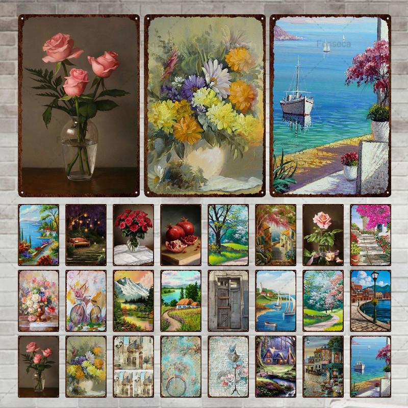 Flower Potted Landscape Metal Sign Vintage Tin Sign Metal Vintage Bar Vintage Wall Decoration Bar Club Man Cave Metal Poster