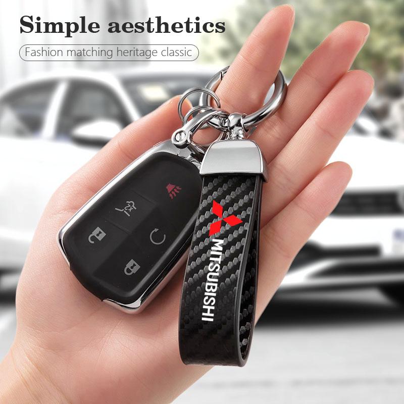 Kohlefaser Leder Schlüsselanhänger Auto Schlüsselanhänger Zubehör Für Mitsubishi L200 ASX Pajero Lancerex Evo Attrage Eclipse Cross Xpander